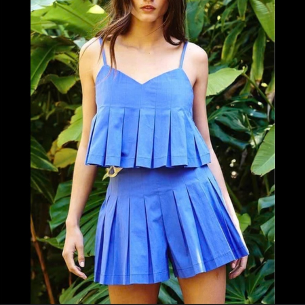 Blue Pleated Free People Crop Top and Shorts Set